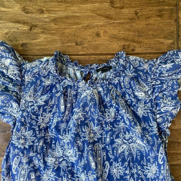 Ann Taylor Paisley Tiered Shift Dress Womens Small Blue Ruffle Sleeve Spring - Picture 6 of 9